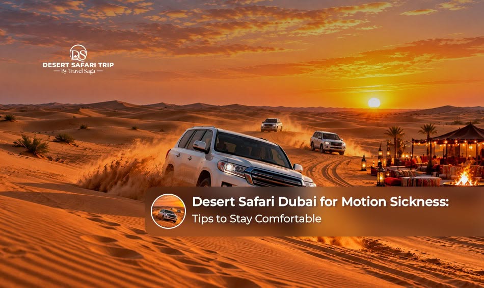 A traveller enjoying a calm desert safari experience while taking precautions against motion sickness.