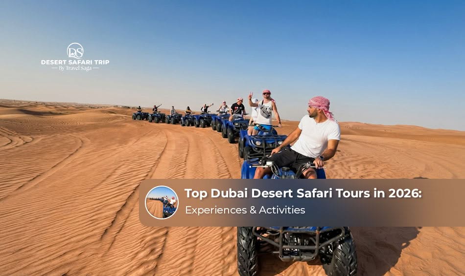 A selection of Dubai desert safari experiences featuring dune bashing, camel rides, and sunset desert views.