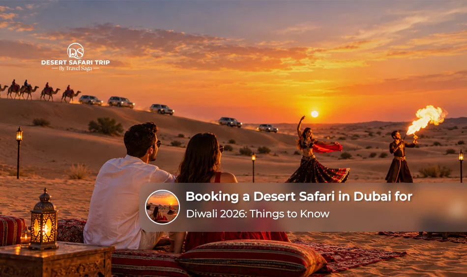 Families enjoying a Dubai desert safari with golden dunes, traditional entertainment, and festive Diwali celebrations.