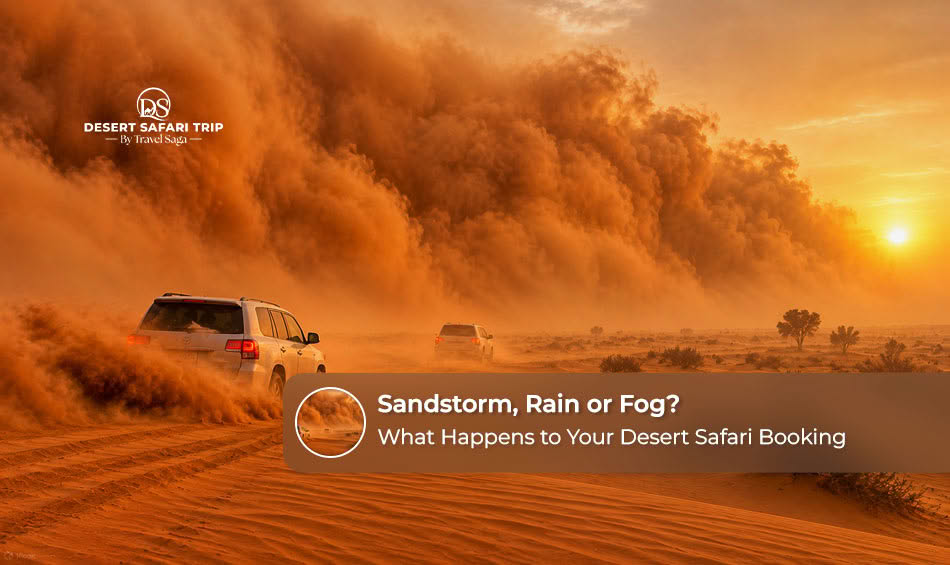Dubai desert safari during changing weather conditions including sandstorms, rain and fog